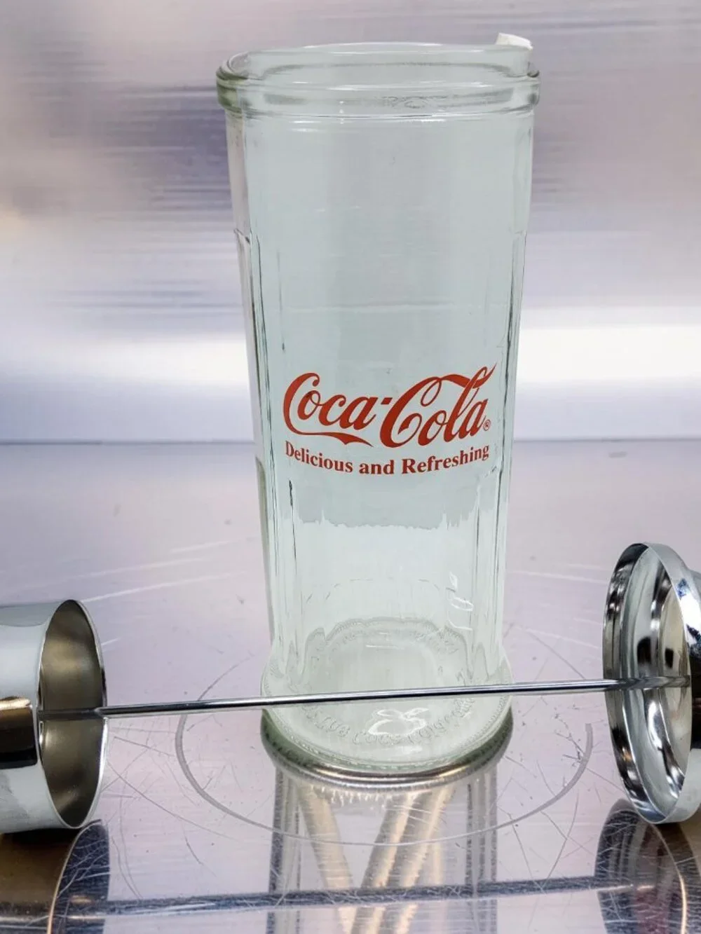 Vintage 1992 Coca-Cola Glass,Metal Lid Straw Dispenser Jar